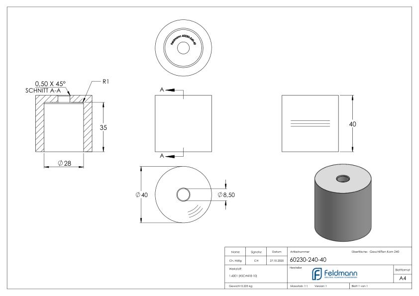 Unterteil Ø 40mm, mit Durchgangsbohrung , t: 40mm, V2A