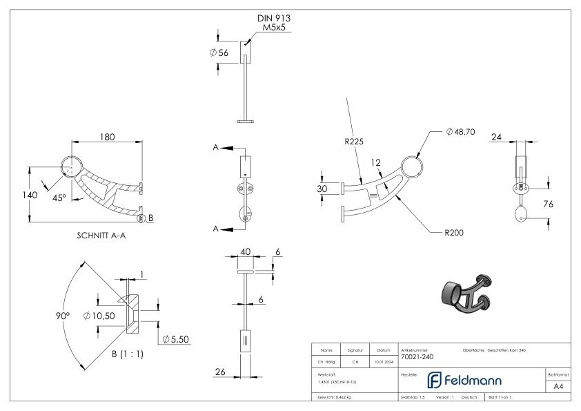 Fußlauf- / Handlaufstütze, für Rohr 48,3mm, V2A