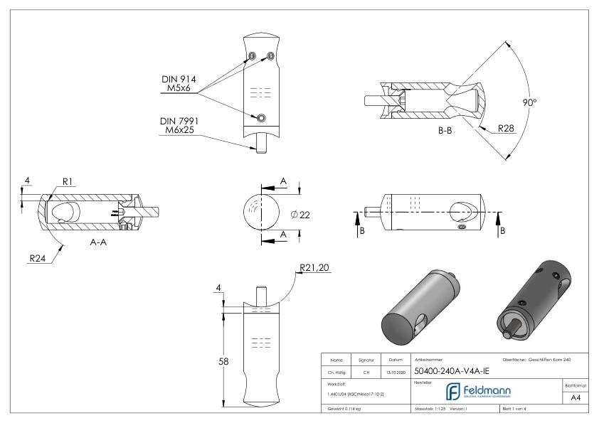 Querstabhalter für 42,4mm Rohr, 12,2mm Bohrung, Innenecke, V4A