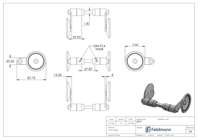 Drückerknopfpaar Ø 60mm, gekröpft, mit Stift 8x8mm