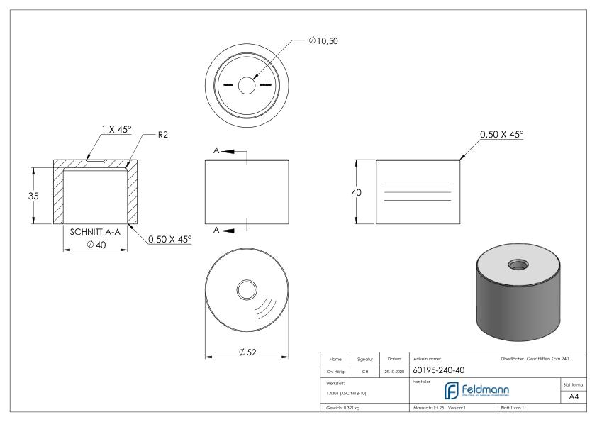 Unterteil Ø 52 mm, mit Durchgangsbohrung , t: 40mm, V2A