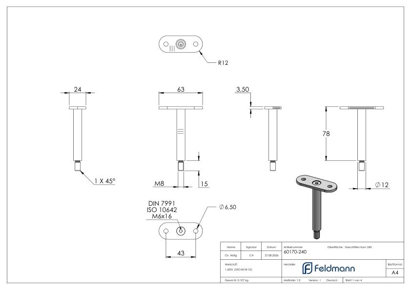 Stift Ø 14mm mit Handlaufanschlussplatte flach, V2A