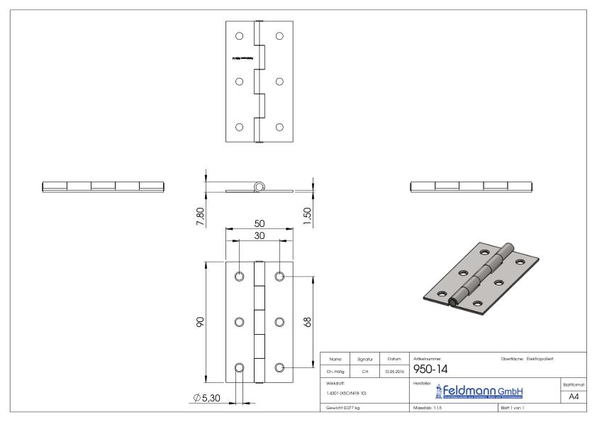 Edelstahl-Scharnier 90x50mm mit festem Zapfen