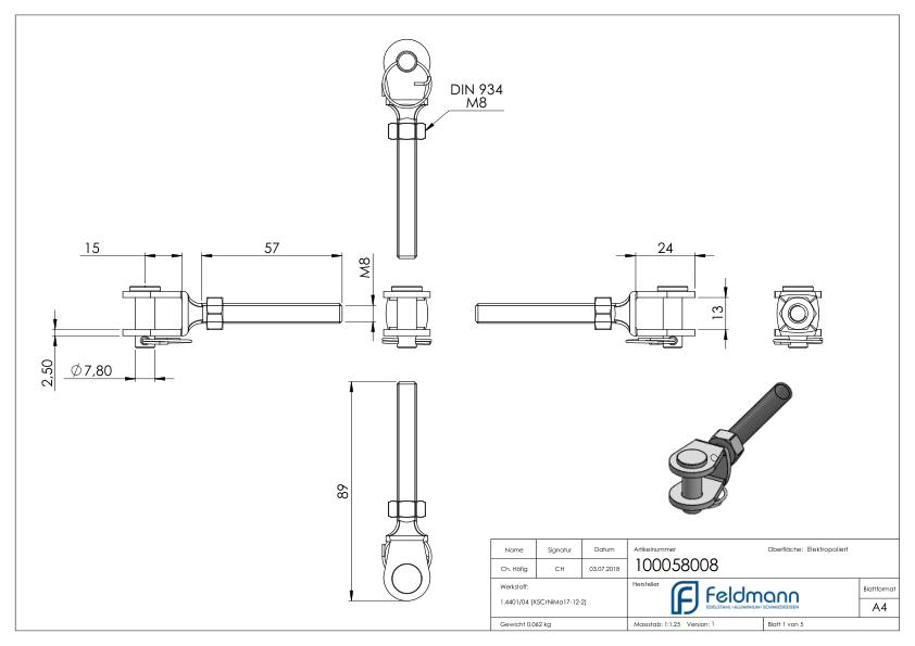 Gabelterminal mit Außengew. M8 rechts, V4A