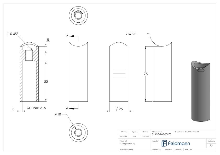 Wandhalter für Rohr 33,7mm, L: 75mm, V2A