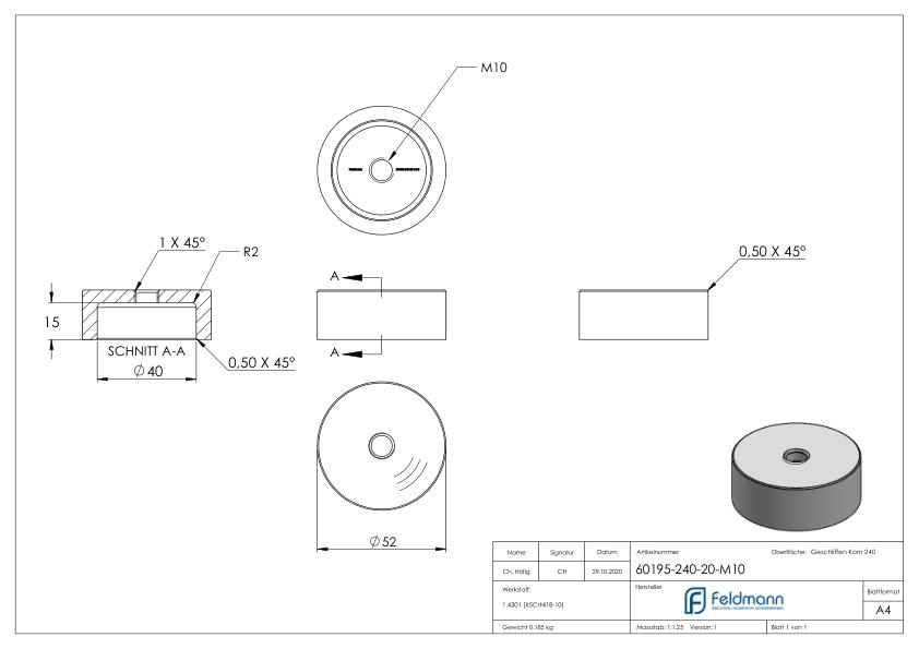 Unterteil für 52mm Glaspunkthalter, t: 20mm, mit M10, V2A