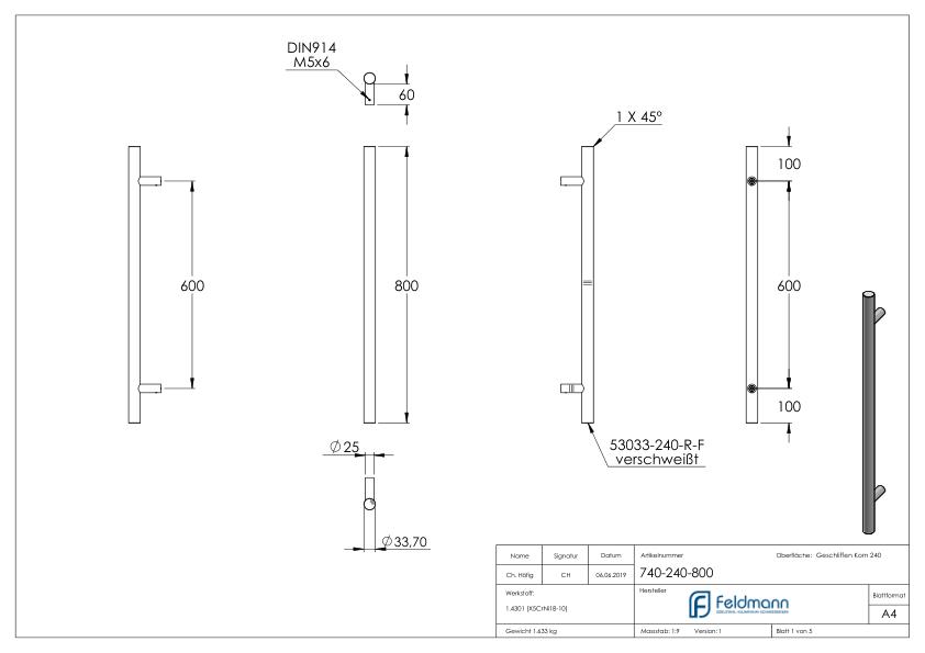 Stoßgriff inkl. Halter gerade mit L: 800mm, V2A Stoßgriff inkl. Halter gerade mit L: 800mm, V2A