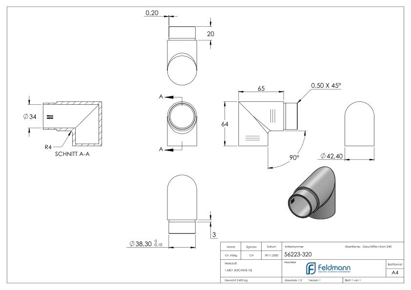 Endbogen 90°, für Rohr 42,4x2,0mm, V2A