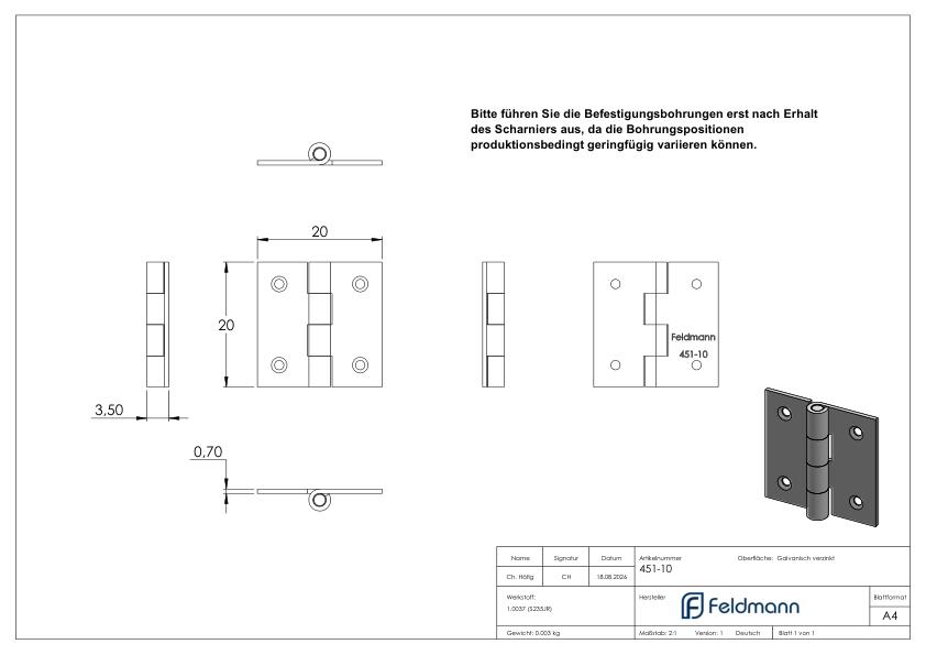 Scharnier 20x20mm mit festem Zapfen
