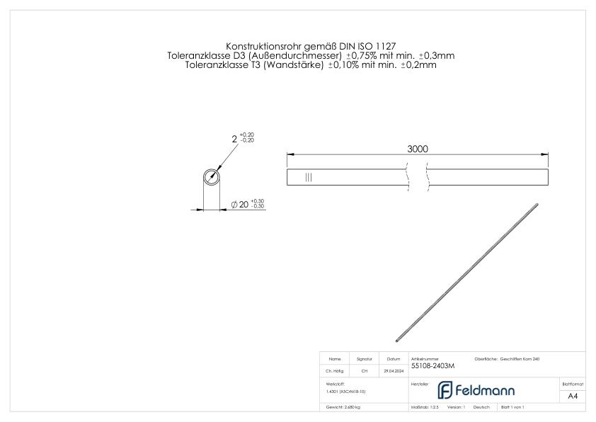 Edelstahlrohr, 20,0x2,0mm, L: 3000mm, V2A