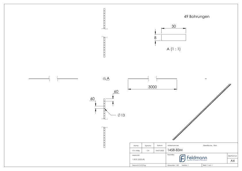 Lochleiste 30x8mm für Ø 13mm, Lochabstand 60mm, 3m