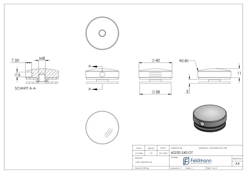 Oberteil von 40mm Glaspunkthalter, V2A