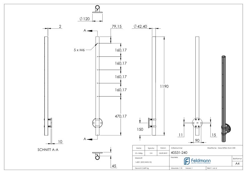 Edelstahlpfosten V2A zur Wandmontage, H: 1190mm