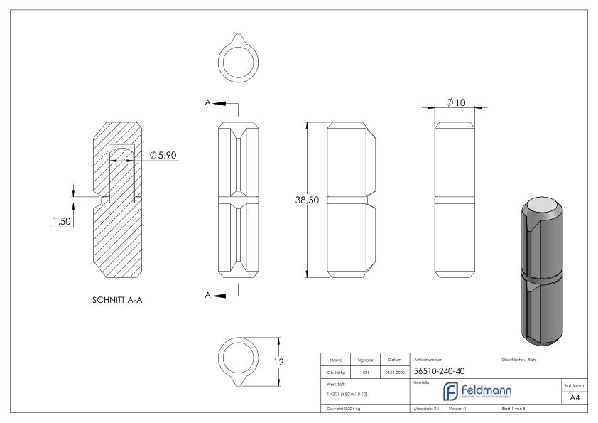 Anschweißband, L: 40mm, mit festem Stift, V2A