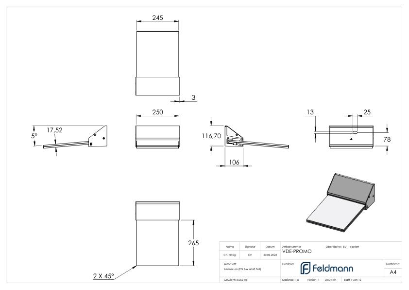 Promobox Vordachprofil eleganza canopy, L=250mm, E4/EV1, inkl. Glas