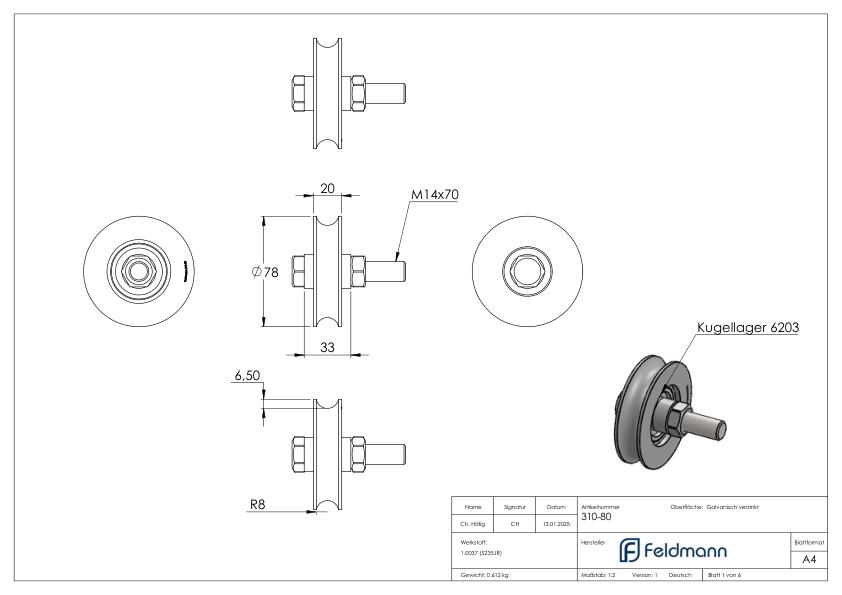 Schiebetorrolle 78mm mit Rundrille 15mm