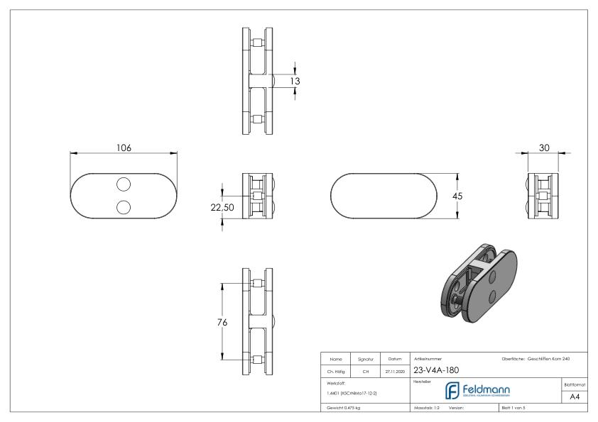 Glasklemme 180° Mod. 23, V4A Glasklemme 180° Mod. 23, V4A