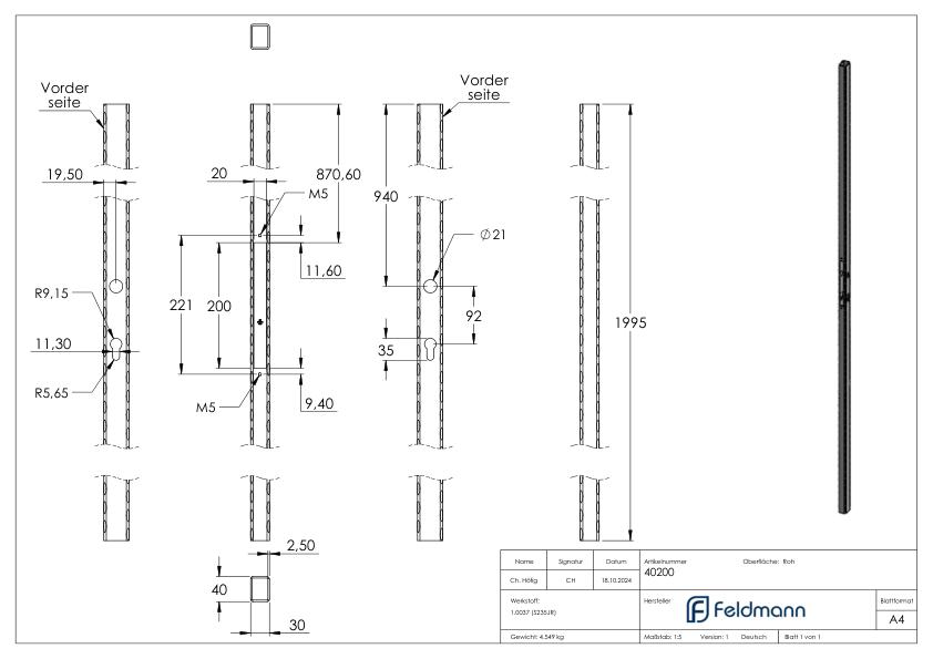 Schlossrohr 40x30 gehämmert, L:2000mm