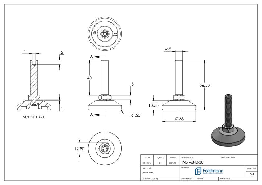 Stellfuß mit Justierschraube mit Innensechskant