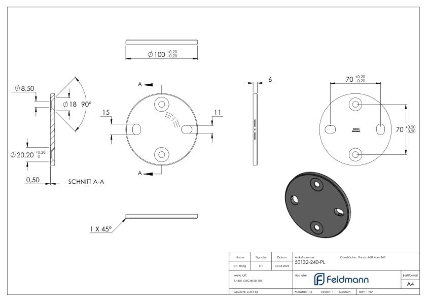 Ankerplatte, 100x6mm mit Fase, für Distanzhülse, V2A