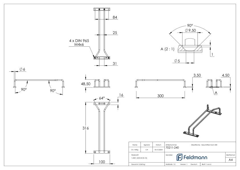 Glashalter, L: 300mm, V2A