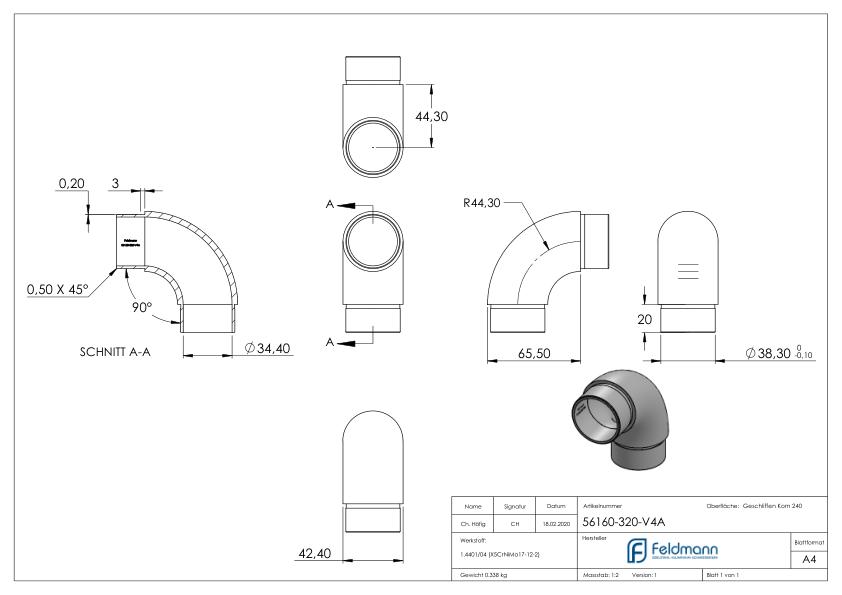 Rohrbogen 90°, für Rohr 42,4x2,0mm, V4A