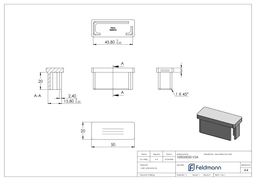 Einsteckkappe, für Rohr 50x20x2,0mm, V2A
