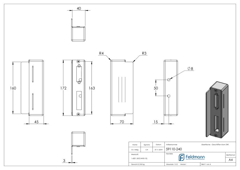 Edelstahlgegenkasten eckig, für Abstand 72mm, 40mm, V2A