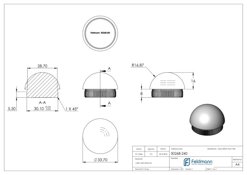 Rohrabschlussstopfen, für Rohr 33,7x2,0mm, V2A
