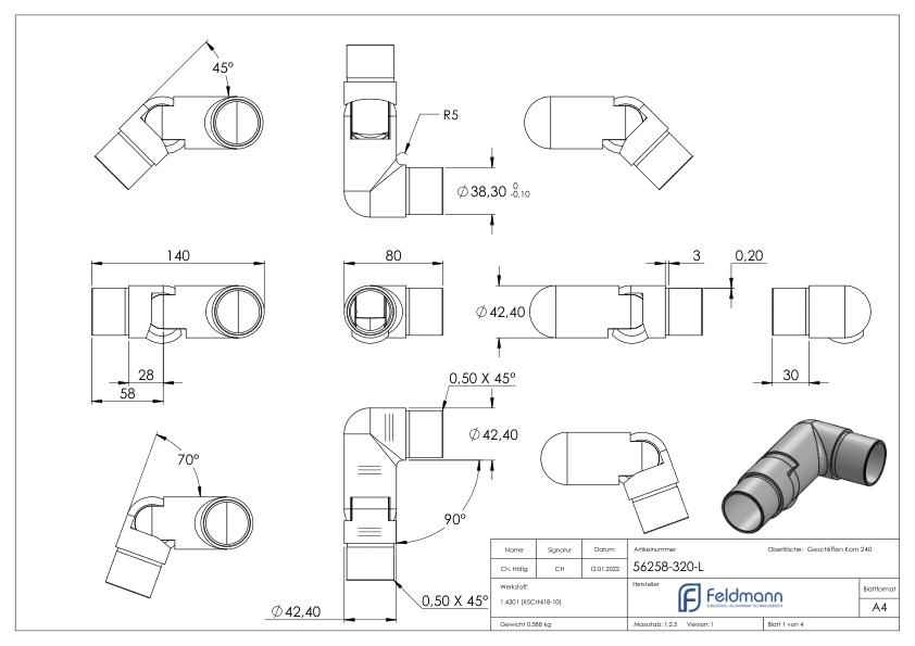 Gelenkstück links, für Rohr 42,4x2,0mm, V2A