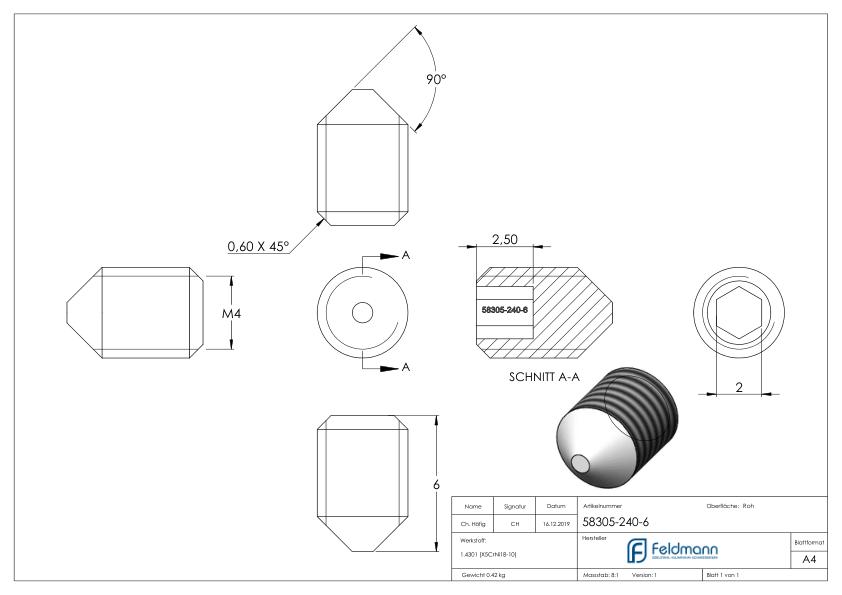 Gewindestift M4x6, V2A, DIN 914 / ISO 4027