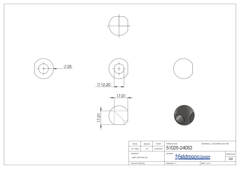 Vollkugel Ø 25mm mit 2x 12,2mm Bohrungen 90°, V2A