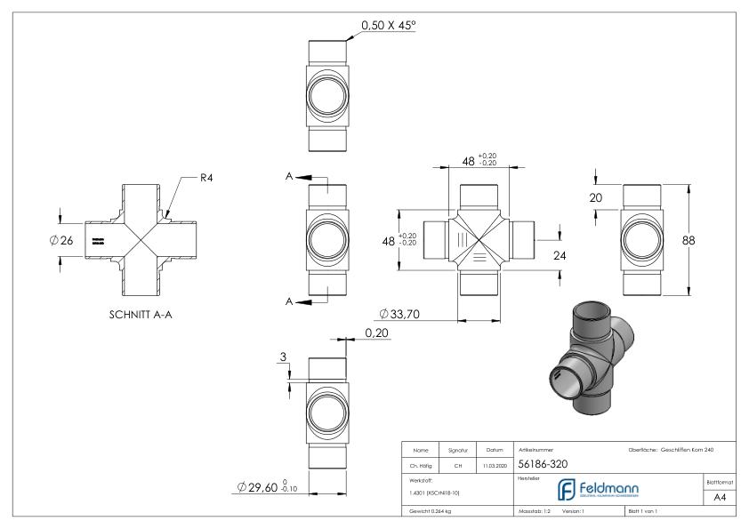 Kreuzstück, für Rohr 33,7x2,0mm, V2A