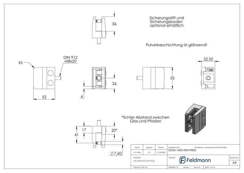 Glasklemme Mod. 14, Anschluss: gerade, Zink roh pulverbeschichtet RAL 9005 schwarz glänzend