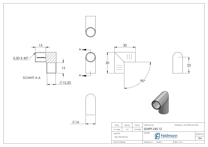 Rundstabverbinder für Ø 12mm, 90°, V2A