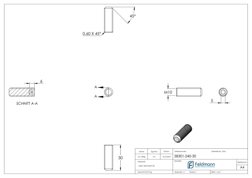 Gewindestift M10x30, V2A, DIN 913 / ISO 4026