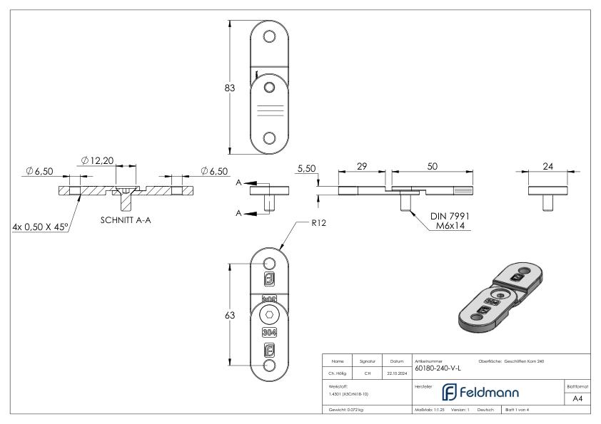 Handlaufanschlussplatte verstellbar, flach, V2A