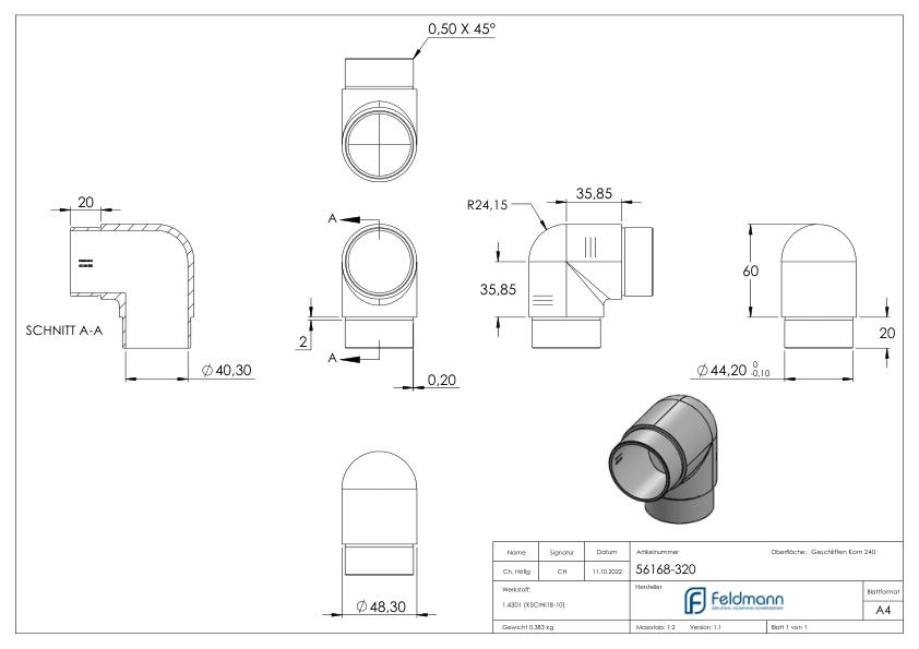 Rohrbogen 90° eng, für Rohr 48,3x2,0mm, V2A