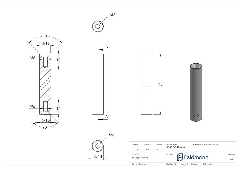 Stift Ø 14mm, L: 75mm, V2A