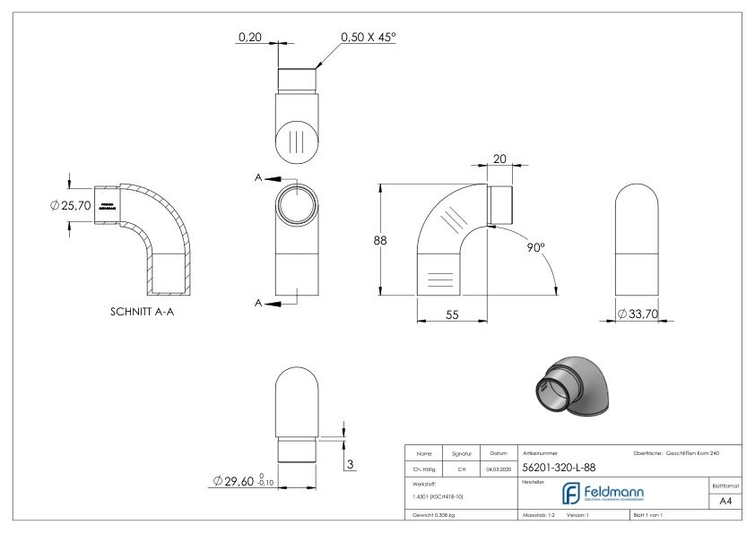 Endbogen 90° flach, für Rohr 33,7x2,0mm, V2A