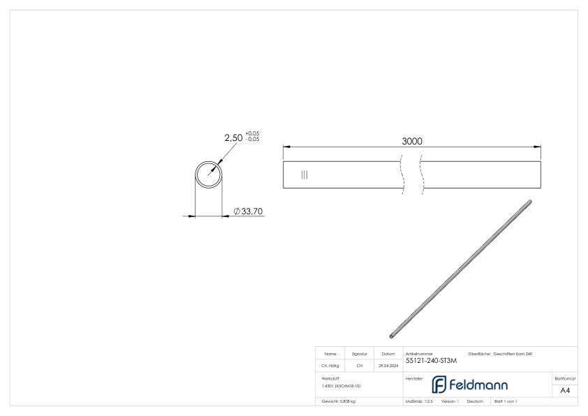 Edelstahlrohr, 33,7 x 2,5mm, L=3m, Korn 240 geschliffen, V2A