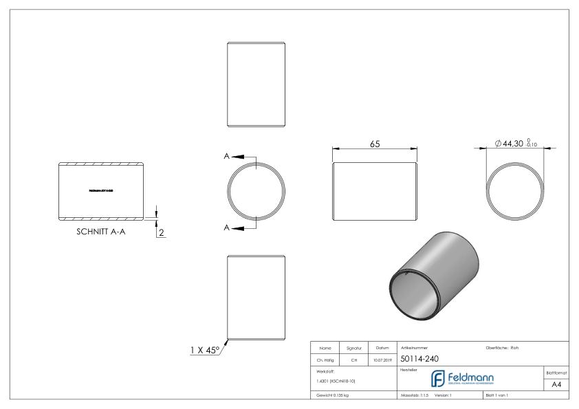 Verbindungsstück für Rohr 48,3x2,0mm, V2A
