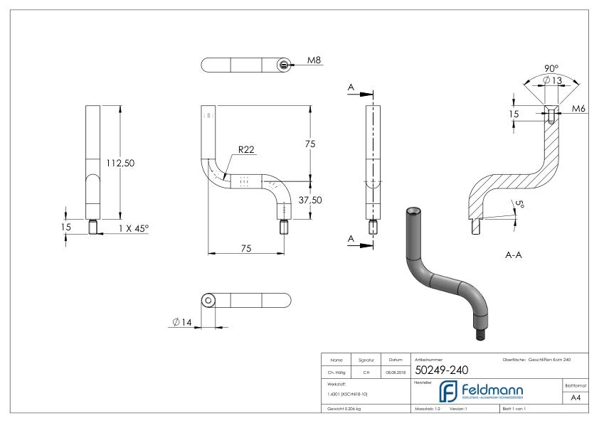 Bügel Ø 14mm, 2x 90° gebogen, V2A
