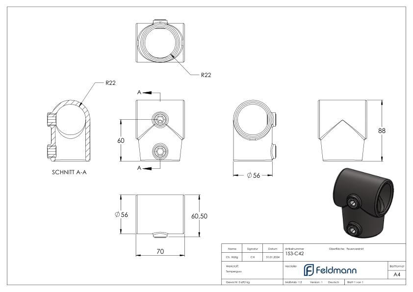 T-Stück kurz, schräg, variabel, für Rohr Ø 42,4mm