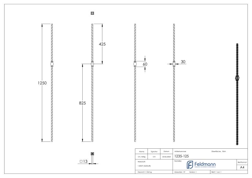 Knubbelstab 13x13mm, gehämmert, H: 1250mm
