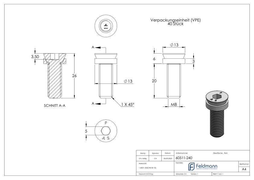 Spezialschraube M8 x 20, A2, VPE = 40 Stück