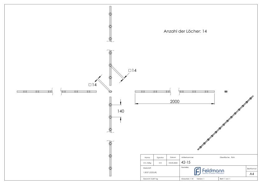 Lochleiste S235JR, 14x14mm, Lochabstand 140mm, 2000mm