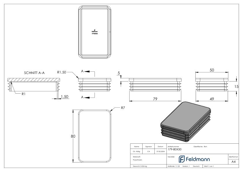 Kunststoffkappe für Rechteckrohr 80x50mm