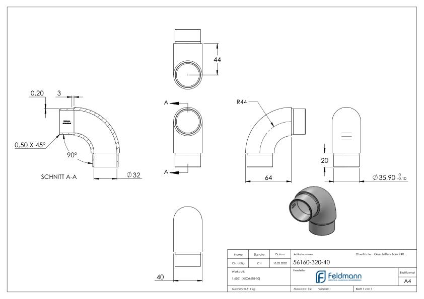 Rohrbogen 90°, für Rohr 40,0x2,0mm, V2A