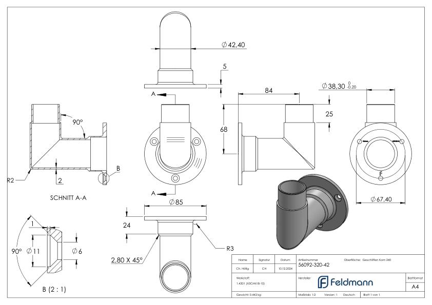 Wandhalter 90° für Rohr 42,4x2,0mm, V2A